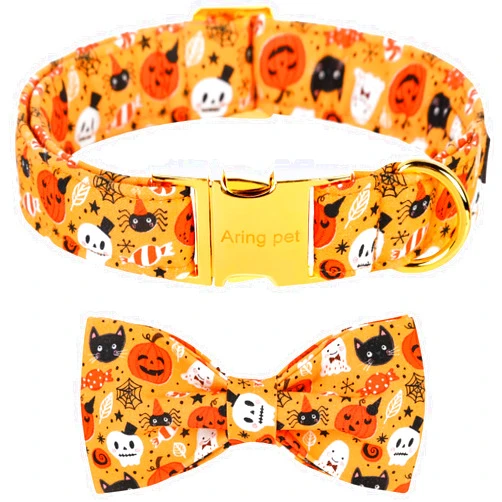 ARING PET Dog Collar with Bow-Halloween Dog Collar Bowtie, Adorable Boy and Girl Ghost Pumpkin Dogs Bowtie Collar gifts with Metal Buckle