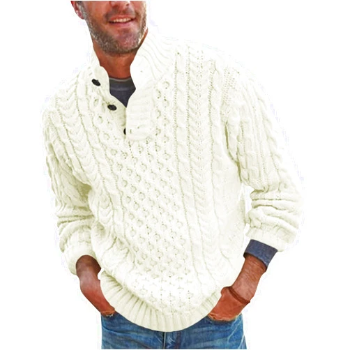 Bbalizko Mens Stand Collar Pullover Sweater Cable Knitted Chunky Winter Fashion Buttons Twisted Thermal Sweaters