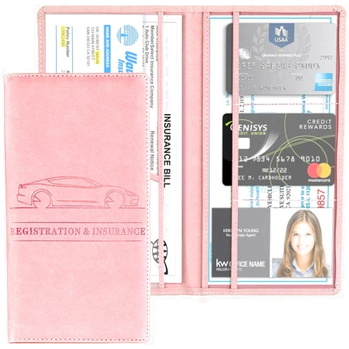 XINLIYA Car Registration and Insurance Card Holder, PU Glove Box Essential Documents Paperwork Driver License Organizer for Car, Wallet Case Auto Vehicle Truck Accessories for Women and Men (Rose