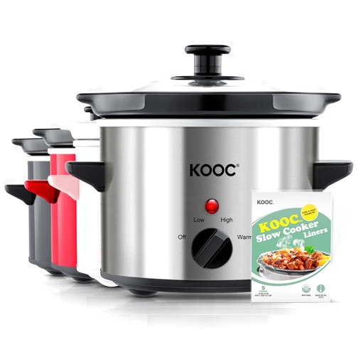 KOOC Small Slow Cooker, 2 Quart, Free Liners Included for Easy Clean-up, Upgraded Ceramic Crock, Adjustable Temp, Nutrient Loss Reduction, Stainless Steel, Silver, Round