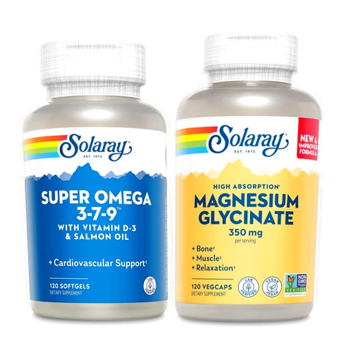SOLARAY Super Omega 3, 7, 9 and Magnesium Glycinate Bundle - Essential Fatty Acids and Chelated Magnesium Gisglycinate for Healthy Heart, Bones, and Relaxation Support - 120 Softgels, 275 VegCaps