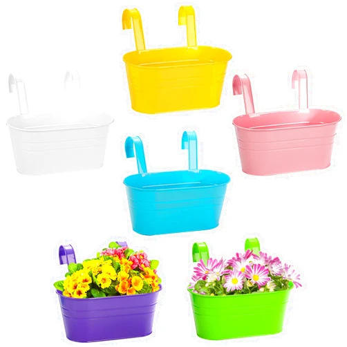 Foraineam 6 Pack Hanging Flower Pots, Metal Iron Plant Pot Holders, Garden Pots Balcony Planters, Metal Bucket Flower Holders Wall Hanging Decor Pot with Detachable Hooks for Railing Fence Balcony