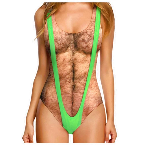 Generic 3D Print One Piece Swimsuits for Women 2024 Funny Hairy Chest Bathing Suit Scoop Neck Tummy Control Monokini Swimwear