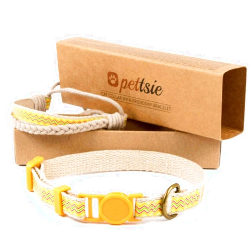 Pettsie Easy Adjustable Cat Collar Set, Safety Breakaway Buckle, Matching Friendship Bracelet, Soft Cotton for Sensitive Skin, Ideal for Kitty Lovers, Fits Neck Sizes 7.5-11.5 Inches, Yellow