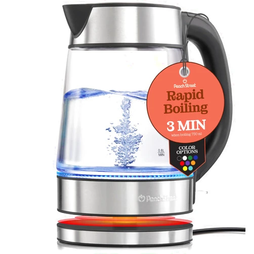Peach Street Speed-Boil Electric Kettle For Coffee & Tea - 1.7L Water Boiler 1500W, Borosilicate Glass, Easy Clean Wide Opening, Auto Shut-Off, Cool Touch Handle, LED Light. 360° Rotation, Boil Dry Protection