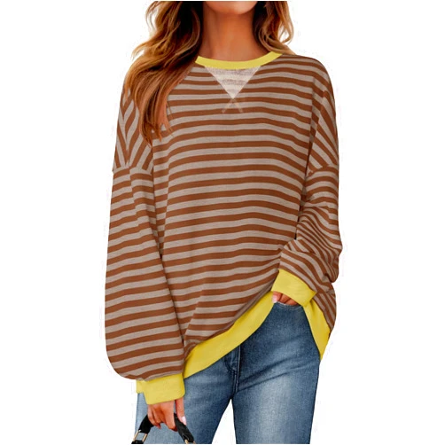 ZESICA Womens Casual Striped Pullover Tops Long Sleeve Shirts Crewneck Oversized Sweatshirts 2024 Fall Clothes