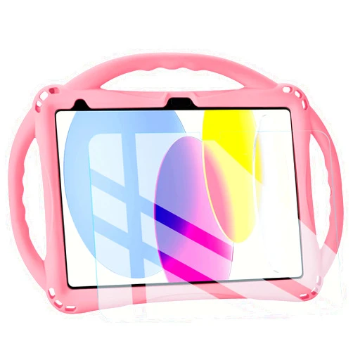 TopEsct Kids Case for iPad 10th Generation 10.9 inch 2022 with Tempered Glass Screen Protector, Silicone Shockproof iPad 10 Gen Case Comes with Strap(Pink)