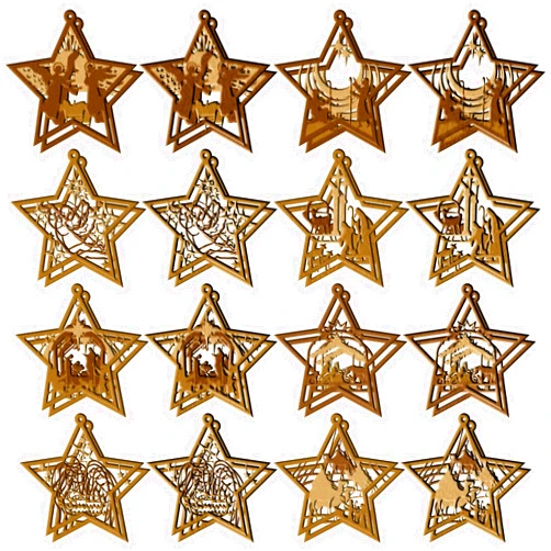 Amyhill 32 Pcs Christmas Nativity Scene Ornament Wooden Hanging Ornament Multilayer Religious Gifts Hanging Jesus Ornament Nativity Christmas Decorations Shaped Nativity Scene Keepsake for Xmas Tree (Star)