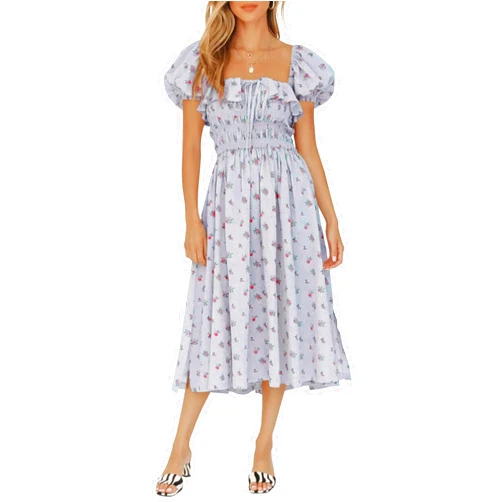 R.Vivimos Womens Summer Floral Print Puff Sleeves Vintage Ruffles Midi Dress