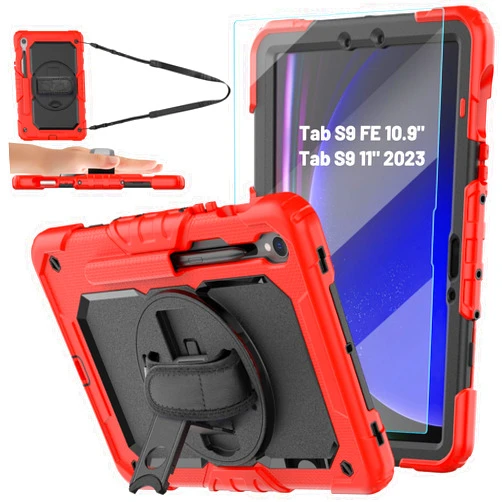 BLOSOMEET Case for Samsung Galaxy Tab S9 11 Inch 2023 (SM-X710/X716B/X718U) with Tempered Glass Screen Protector Pencil Holder,Galaxy S9 Tablet Case with Shoulder Strap Hand Strap&Stand,Red