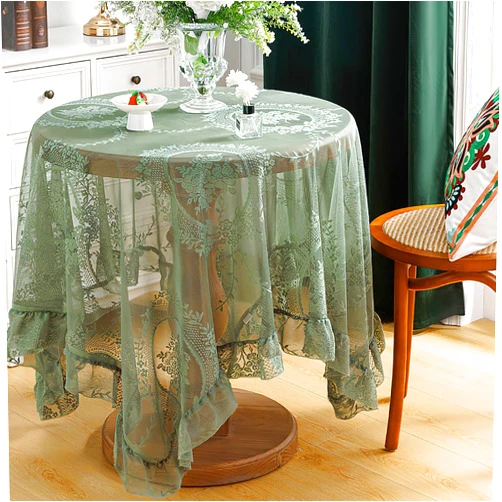 Auons Green Lace Rectangular Tablecloth with Flowers, Chic Elegant Overlay Ruffles Table Cloth, French Vintage Embroidered Table Cover Table Protector for Wedding Party Banquet, 55x40inch