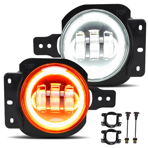 KARSAM 4Inch LED Fog Lights for 2007-2024 Jeep Wrangler JL JLU JK JKU JT with 2 Pairs Mounting Bracket, 30W Round LED Fog Lamps with Halo White DRL & Amber Turn Signal, 4