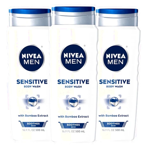 NIVEA MEN Sensitive Body Wash with Bamboo Extract, 3 Pack of 16.9 Fl Oz Bottles