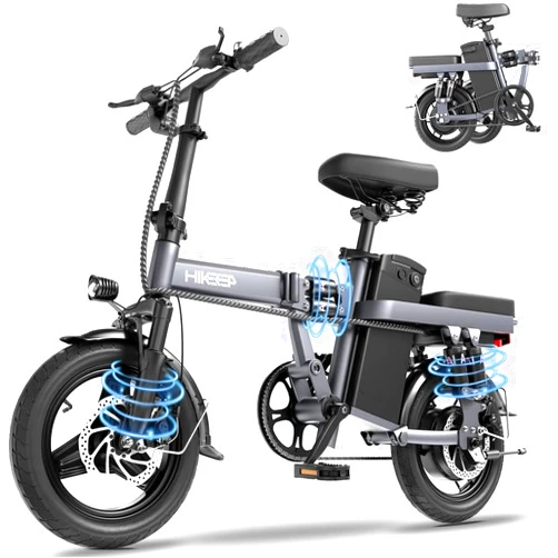 HiKeep Folding Electric Bikes for Adults, 14” Tire 22Mph by 400W (Peak 600W) Motor Mini Small Ebike and Multi-Shock Absorption Adjustable Seat City Commuter Foldable Bicycles for Teens