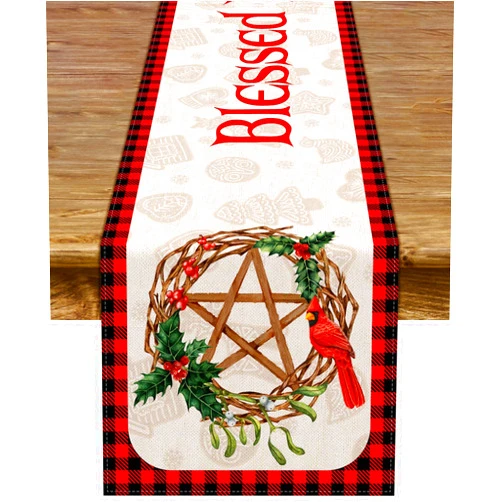 Pudodo Blessed Yule Table Runner Buffalo Plaid Check Pagan Winter Solstice Holiday Fireplace Kitchen Dining Home Decoration (White, 13