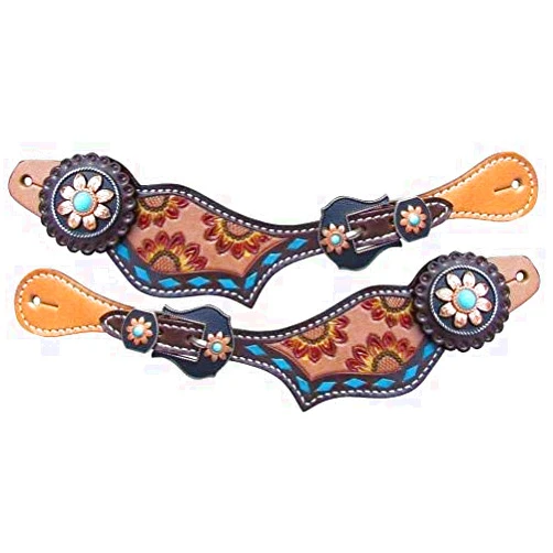 Showman Ladies Hand Painted Sunflower Spur Straps w/Turquoise Buckstitch
