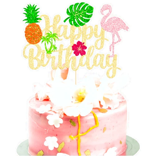 Ephlyn 1Pc Tropical Luau Happy Birthday Cake Topper Glitter Palm Tree Flamingo Pineapple Aloha Cake Pick Decorations for Hawaiian Luau Theme Birthday Party Supplies