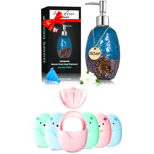 BAIKAFU cleanliness set, 6 Boxes (300 Sheets) Mini Portable Disposable Travel Paper Soap Sheets & Blue Soap Dispenser