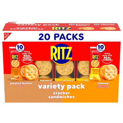RITZ Peanut Butter Sandwich Crackers and Cheese Sandwich Crackers Variety Pack, 20 Snack Packs