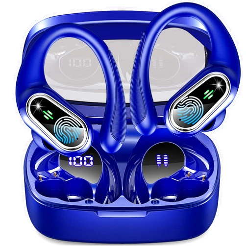 Poounur Wireless Earbud, Sport Bluetooth 5.3 Headphones with Earhooks Wireless Earphones in-Ear with Deep Bass Stereo Bluetooth Earbud 50H Playtime, Dual LED Display, IP7 Waterproof, Running,Blue