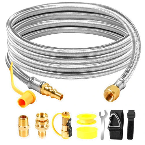 NQN Propane Hose, 12FT Stainless Steel, 1/4'' Quick Disconnect Connect for RV to Grill, Safety Shutoff Valve, Compatible with 1 LB Portable Appliance, Hardware Tubing