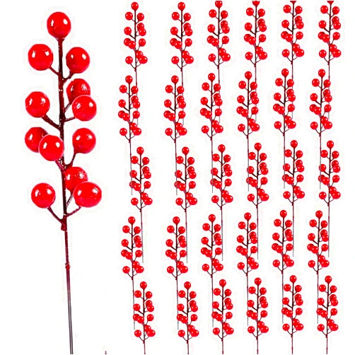 Fegwave 32 Pack Christmas Tree Decoration, 8 Inch Christmas Artificial Red Berry Stems Picks Filler for Tree, Holly Berries Branches Christmas Tree Ornaments DIY Crafts Xmas Winter Holiday Decor