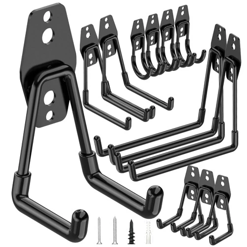 TICONN 12 Pack Heavy Duty Garage Hooks, Steel Utility Wall Storage Hooks, Wall Mount Hanger Organizer for Ladders, Bikes, Tools, Bulky Items (Black)