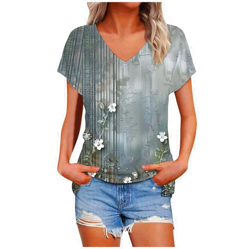 CLEKOY Summer Tops for Women 2025 Loose V Neck Short Sleeve Shirts Tee Retro Floral Print T-Shirt Beach Casual Tunic Blouse