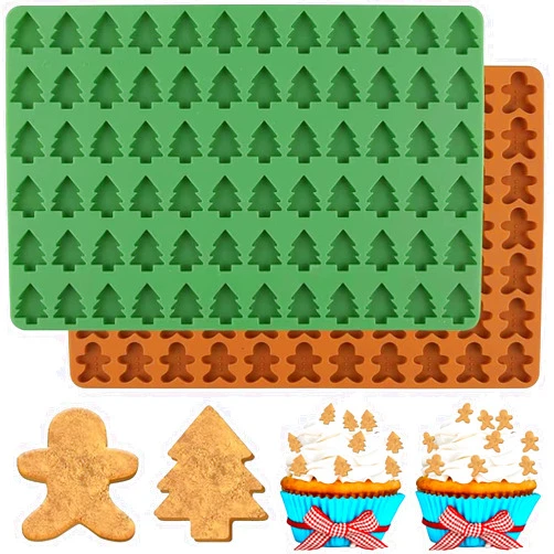Yecna AnyDesign Christmas Silicone Molds Mini Xmas Tree & Gingerbread Candy Chocolate Mould Christmas Non-Stick Fondant Baking Mold for Handmade Soap Pudding Jelly Cake Cupcake Topper Decor, 2Pcs