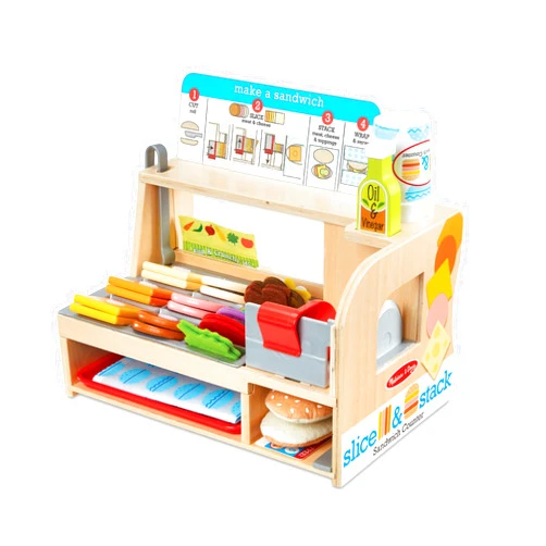 Melissa & Doug Wooden Slice & Stack Sandwich Counter with Deli Slicer – 56-Piece Pretend Play Food Pieces