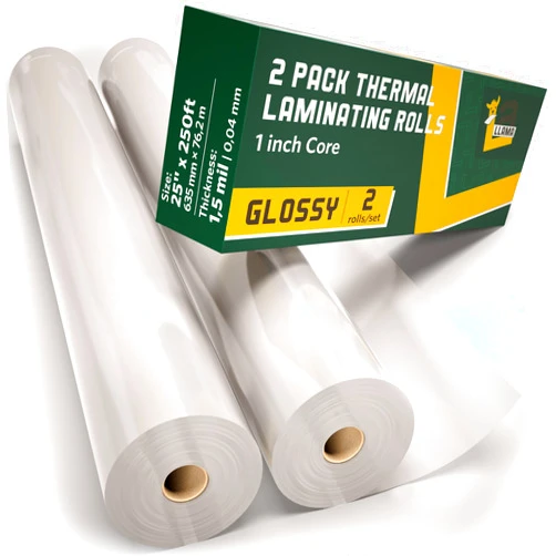 LA LLAMA Thermal Laminating Roll, Clear Glossy Laminate Film Roll 1.5 Mil 1 Inch Core 25’ x 250”, 2-Pack Compatible with GBC, USI Replacement