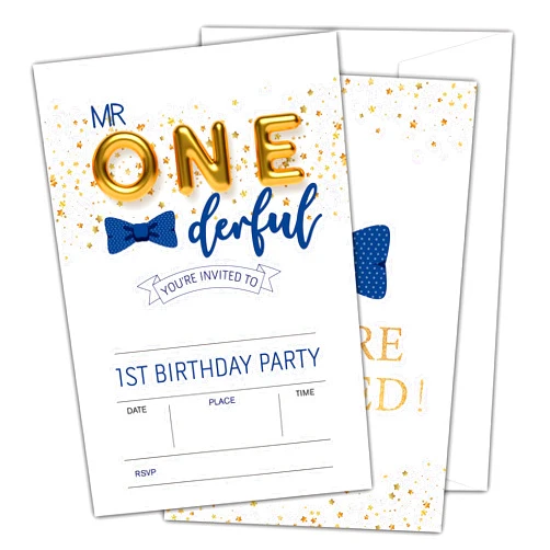 OICPYD Mr Onederful Birthday Invitations, 1st Birthday Party Invitations for Baby Boys, Kids Fill In Birthday Party Invites, Decorations, Favors, 20 Invitations with Envelopes (D07)