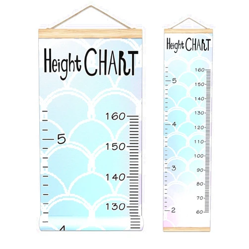 FCZ Kids Growth Chart Ruler for Wall Wood Frame Height Measure Chart 13.4x56 in Linen Hanging Height Growth Chart Rainbow Mermaid Kids Room Decor