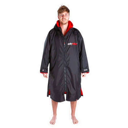 Dryrobe Advance Long Sleeve Change Robe - Stay Warm and Dry - Waterproof Oversized Swim Parka - Swimming/Surfing/OCR Events Black / Red X-Large