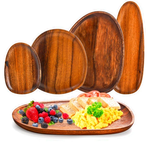 Okllen Set of 5 Acacia Wood Serving Platter and Trays, Irregular Oval Solid Wood Plates Serving Tray, Lightweight Wood Dinner Plates for Breakfast, Coffee, Tea, Snack, Plant, Housewarming Gift