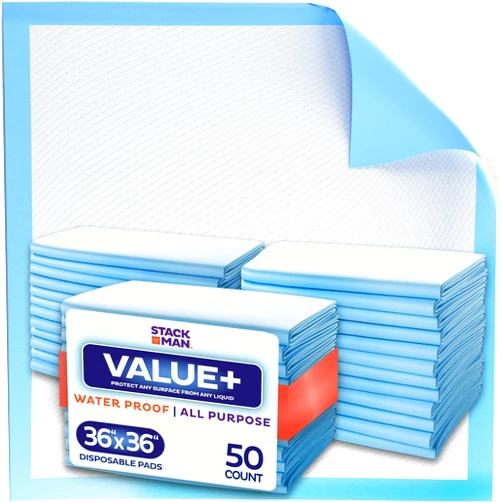 Stack Man Chucks Pads Disposable 36 x 36 Underpads [50-Pack] Incontinence Chux Pads Absorbent Fluff Protective Bed Pads - Extra Large Pee Pads for Kids, Adults & Elderly | Leak Proof Puppy Pads, 36x36