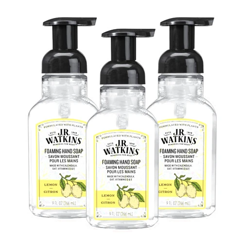 J.R. Watkins Foaming Hand Soap with Pump Dispenser, Moisturizing Foam Hand Wash, All Natural, Alcohol-Free, Cruelty-Free, USA Made, Lemon, 9 fl oz, 3 Pack