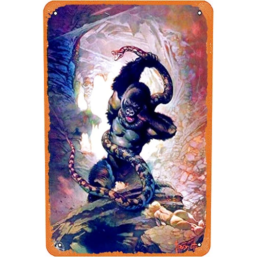 Cloxks Retro Metal Tin Sign Frank Frazetta 8th Wonder Gorilla Snake Fantasy Science Fiction Horror Artwork Artist Retro Vintage Comic Book Cover 1970s Cool Wall Decor Art Print Poster Wall Decor 8x12 Inches