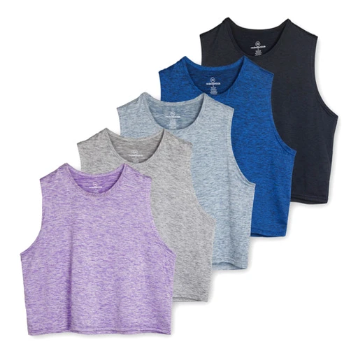 Real Essentials 5 Pack: Women's Dry Fit Crop Summer Tank Top - Gym Yoga Workout Sports Tee (Available in Plus Size)