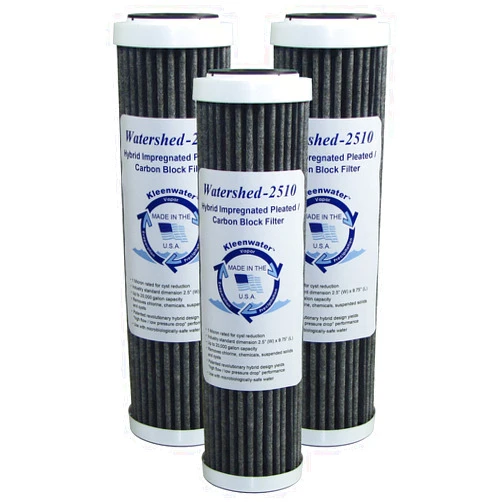 KleenWater Watershed2510 Hybrid Pleated / Carbon Block Whole House Water Filters, 2.5 x 10 Inch (3) - Unsurpassed Filtration - Dirt, Rust, Sediment, Chlorine, Cysts and More