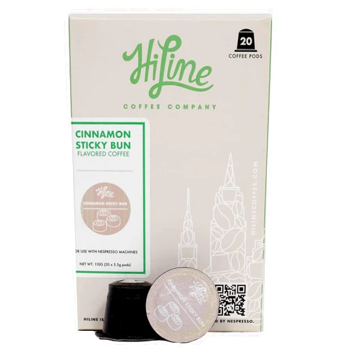 HiLine Coffee Espresso Coffee Pods, Cinnamon Sticky Buns Flavored Coffee, 20 Count (Pack of 1), Single Cup Espresso Capsules, Compatible with Nespresso Original Brewers