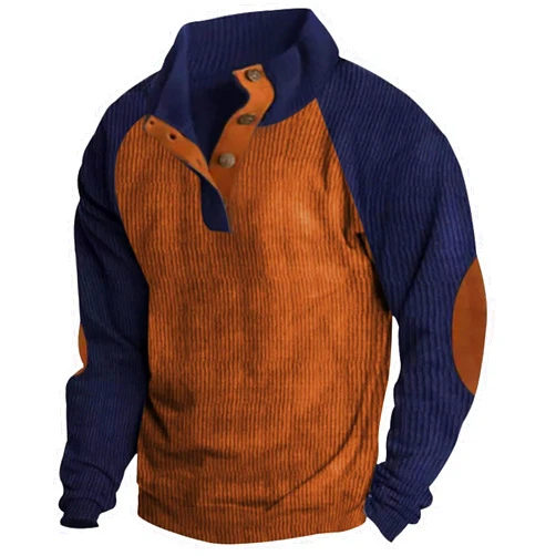 Shusuen Men Sweaters Casual Quarter Button Corduroy Sweatshirt Mock Neck Long Sleeve Pullover Fashion Lightweight Polo Shirts