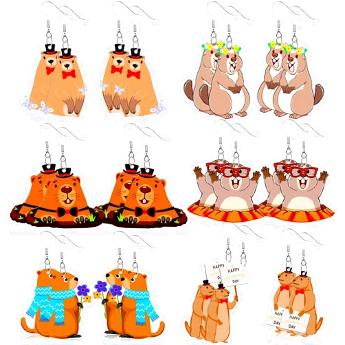 Nosiny 12 Pairs Groundhog Earrings Wooden Happy Groundhog Day Earrings Funny for Women Day Gifts