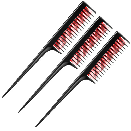 Leinuosen 3 Piece Triple Teasing Comb, Rat Tail Combs for Women, Tool Structure Tease Layers Rattail Comb, Rat Tail Comb for Back Combing Root Teasing, Adding Volume, Evening Styling (Black and Red)