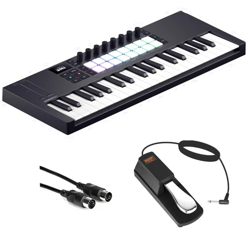 Kellards Novation Launchkey Mini 37 MK4 USB MIDI Keyboard Controller (37 Mini Keys) Bundle with Auray FP-P1L Universal Piano-Style Sustain Pedal and Hosa Mid-310 Black 10 ft. Midi cable