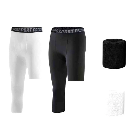hwojjha 2 Pack Men’s Compression Pants One Leg 3/4 Capri Tights Leggings Athletic Base Layer for Gym Running Basketball (US, Alpha, Medium, Regular, Regular, White+Black (Right 3/4))