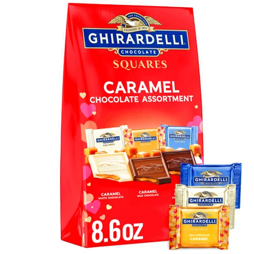 Ghirardelli Chocolate Chocolate Caramel Squares Assortment, Chocolate Squares for Valentines, 8.6 OZ Bag, Red
