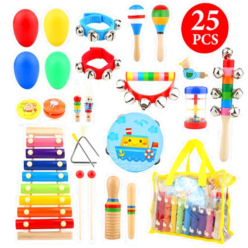 Bukm Toys for Toddlers, 25 Pcs Wooden Musical Percussion Instruments, Preschool Educational Learning Tambourine Xylophone Toys for Toddlers Kids Children with Storage