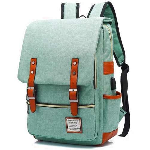 UGRACE Vintage Laptop Backpack with USB Charging Port, Water Resistant Travelling Backpacks College Bag for Men Women, Fits up to 15.6Inch Laptop in Green