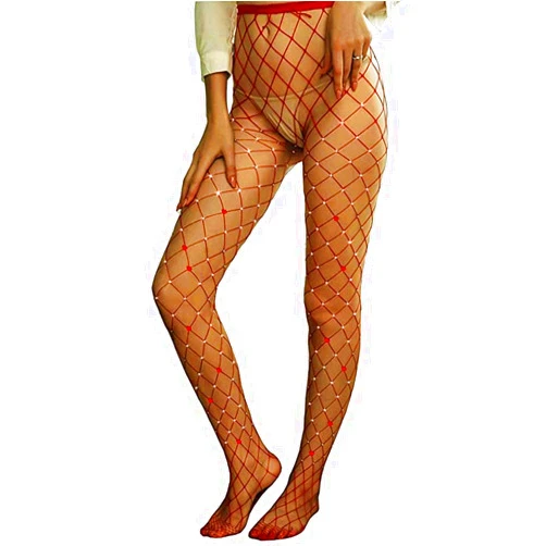 Masiter Rhinestone Mesh Fishnet Tights Stockings Glitter Red Pantyhose High Waist Stockings Nightclub Tights for Women and Girls